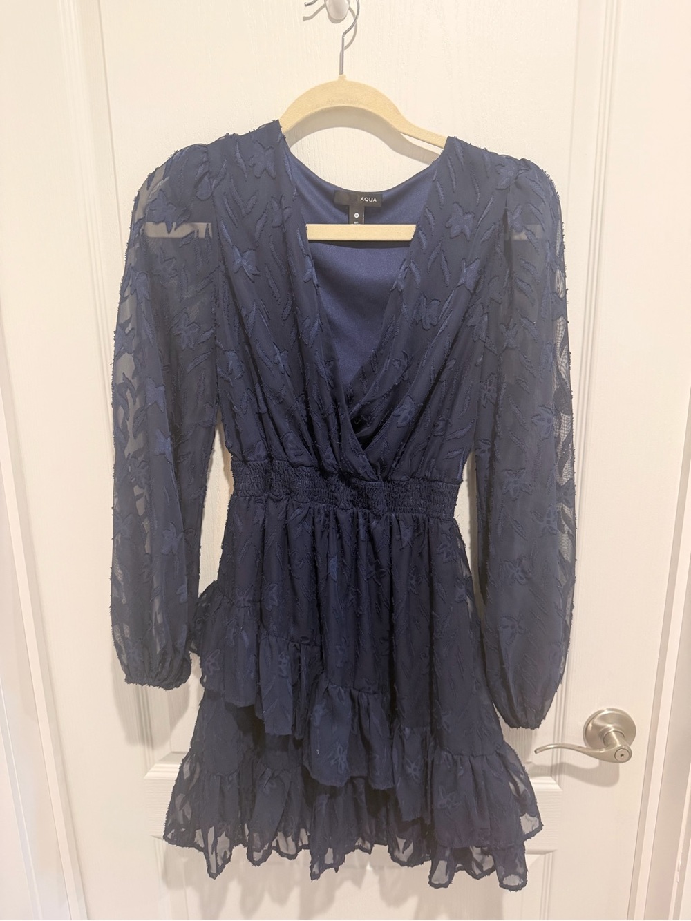 Aqua Navy Textured Lace Long-Sleeve Tiered Mini Dress